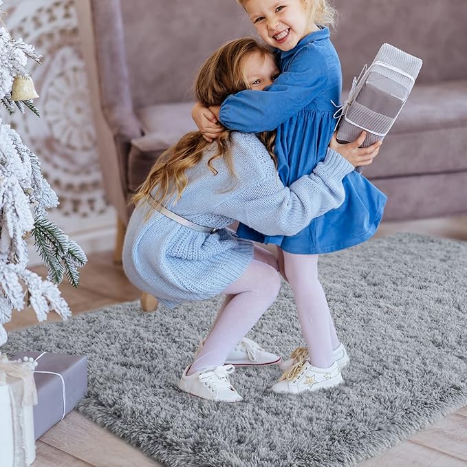 TWINNIS Super Soft Shaggy Rugs Fluffy Carpets, 3x5 Feet, Indoor Modern Plush Area Rugs for Living Room Bedroom Kids Room Nursery Home Decor, Upgrade Anti-Skid Rectangular Fuzzy Rug, Grey