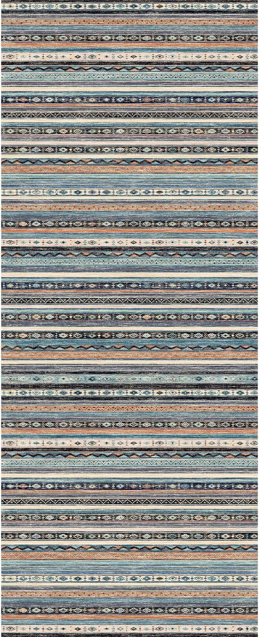 4x10 Rug Washable Kitchen: Non-Slip Southwestern Striped Runner for Kitchen Hallway Entry - Farmhouse Low Pile Stain Resistant Long Thin Floor Carpet 4x10 Blue/Black/Multi