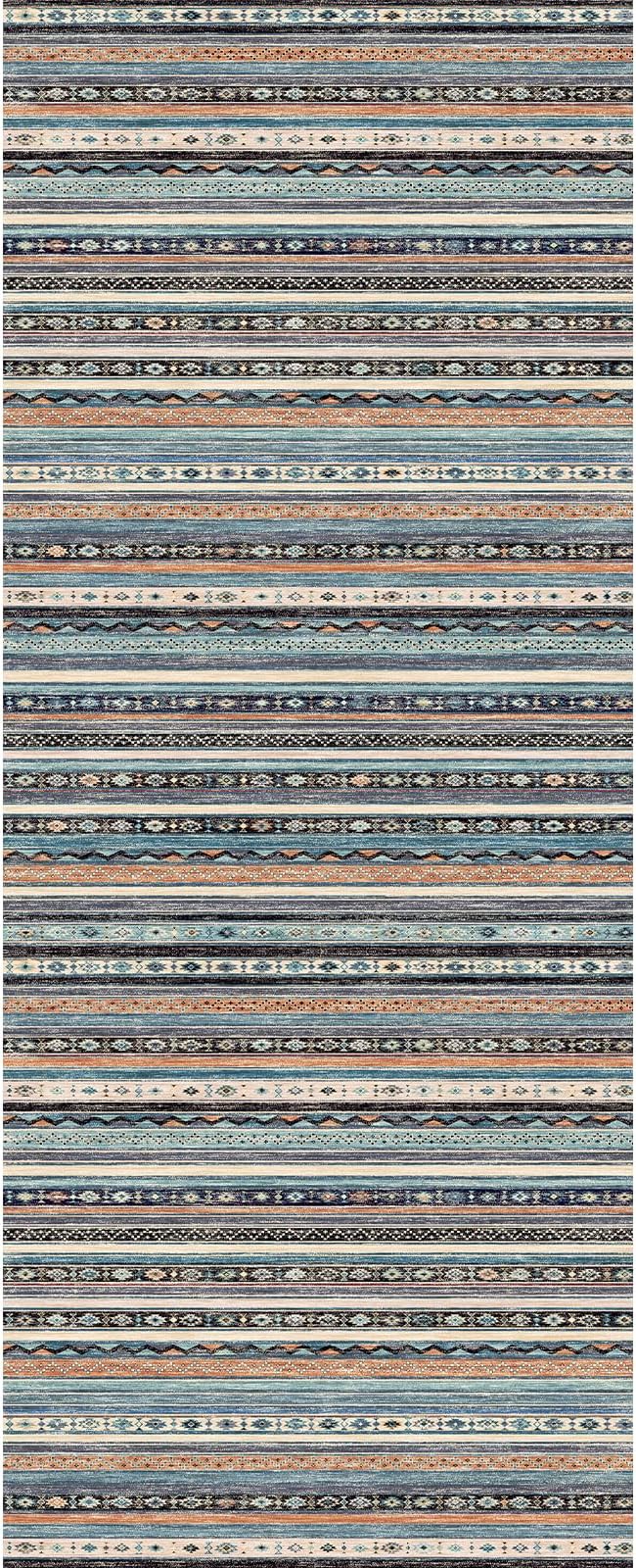 4x10 Rug Washable Kitchen: Non-Slip Southwestern Striped Runner for Kitchen Hallway Entry - Farmhouse Low Pile Stain Resistant Long Thin Floor Carpet 4x10 Blue/Black/Multi