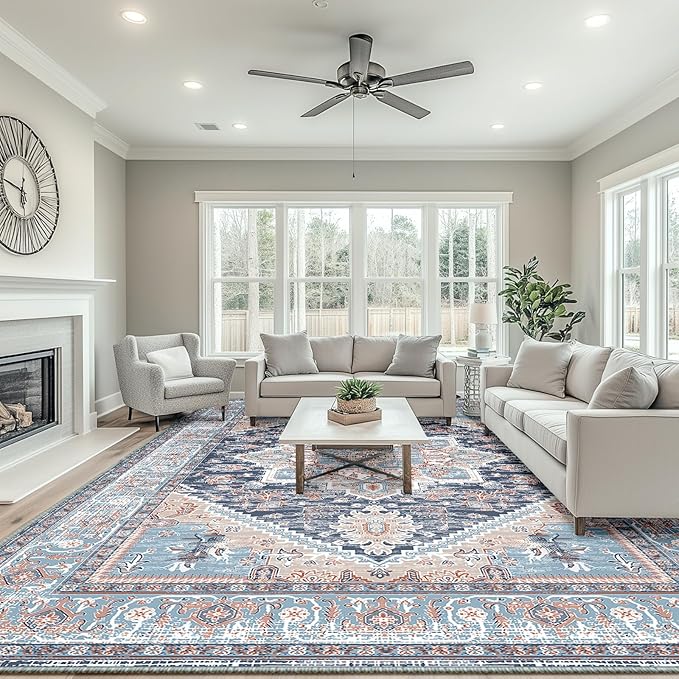 BESTSWEETIE 8x10 Area Rugs for Living Room Washable Non Slip Carpet Low Pile Soft Vintage Print Pattern Rug for Bedroom Dining Room Kitchen Entryway Indoor-Navy Blue/Light Blue/Natural/Brick