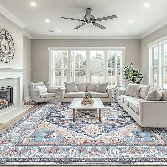BESTSWEETIE Area Rugs 9x12 Rug for Living Room, Washable Rugs 9x12, Non Slip Water Repellent Floor Carpet, Low Pile Soft Vintage Rug for Bedroom Dining Room Indoor-Navy Blue/Light Blue/Natural/Brick