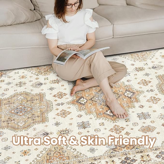Washable Area Rugs for Living Room -9x12 Neutral Vintage Distressed Floral Farmhouse Boho Large Soft Floor Rug Indoor Non Slip Carpet for Living Room Bedroom Dining Room Office - Orange/Yellow/Beige