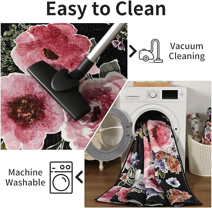 2x6 Runner Rug for Hallways Kitchen Machine Washable Boho Floral Rug Runner Non-Slip Soft Low Pile Long Floor Carpet Runner for Laundry, Bedroom, Entryway (Black)