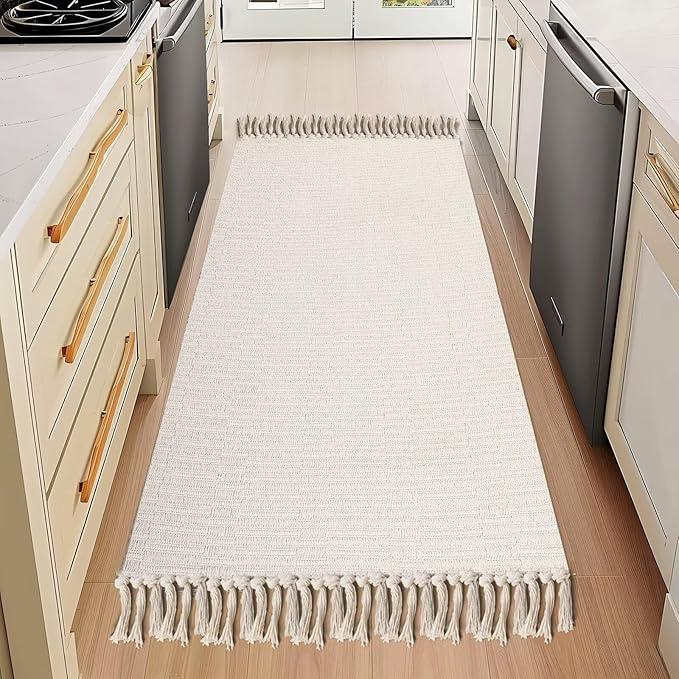 Boho Runners for Hallways, 2' x 6' Washable Hall Carpet Runner Rug Hand-Woven Washable Kitchen Rug Beige Cotton Striped Floor Mat for Entryway Indoor Bedroom Farmhouse Laundry Room