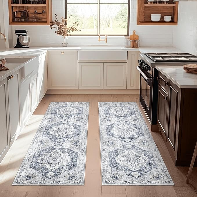 jinchan Runner Rug 2x5-2pcs Hallway Rug Kitchen Washable Runner Vintage Mat Retro Print Lightweight Non-Slip Floor Cover Distressed Thin Carpet for Entryway Bathroom Bedroom Laundry Room Grey
