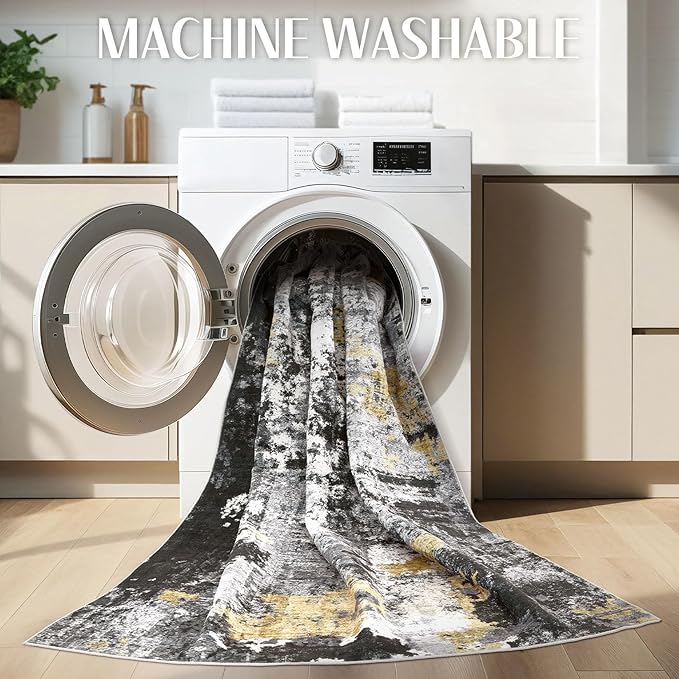 Washable Rug 8x10 Area Rugs for Living Room: Modern Abstract Neutral Soft Large Rug for Bedroom Dining Room Under Kitchen Table Home Office Decor - Black Gold