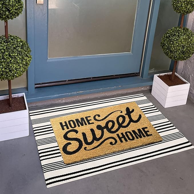 Black and White Striped Doormat 24'' x 35'' Front Porch Rug Machine Washable Indoor Outdoor Doormat for Front Porch Hand-Woven Entryway Rug for Laundry/Bathroom/Bedroom