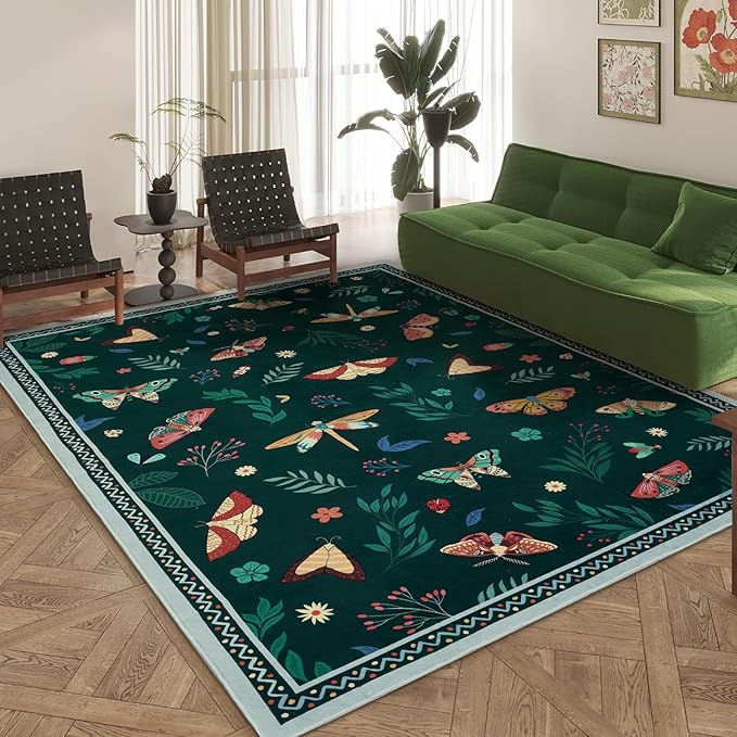 ASPMIZ Insect Area Rug 3X5, Dark Green Bedroom Rug Non Slip, Spring Summer Washable Rug Farmhouse Butterfly Living Room Rugs Low Pile, Soft Faux Wool Throw Carpet for Entryway, Nursery, Dark Green