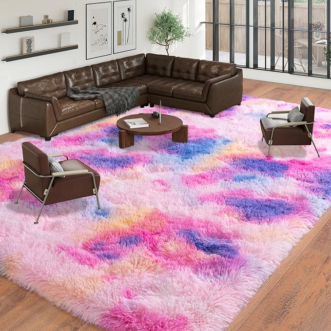 Large Area Rugs 9x12 Living Room, Plush Thick Carpets for Boy and Girls Room, Modern Soft Shag Rug for Bedroom, Non Slip, Indoor Carpet for Nursery Dorms Home Decor Aesthetic, Rainbow
