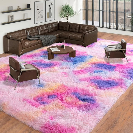 Large Area Rugs 9x12 Living Room, Plush Thick Carpets for Boy and Girls Room, Modern Soft Shag Rug for Bedroom, Non Slip, Indoor Carpet for Nursery Dorms Home Decor Aesthetic, Rainbow