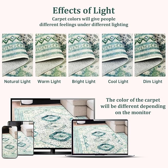 Maxsoft 5X8 Area Rug,Vintage Machine Washable Rugs for Living Room, Soft Non-Slip Low Pile Rug, Stain Resistant Rugs for Kitchen, Bedroom, Dining Room,Laundry Room,Nursery (Light Green)