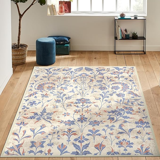 Washable Area Rugs 5'x7' Living Room, Non Slip Floral Vintage Low Pile Large Rugs for Living Room Stain Resistant for TribalBedroom, Farmhouse, Dining Room, Kids Playroom