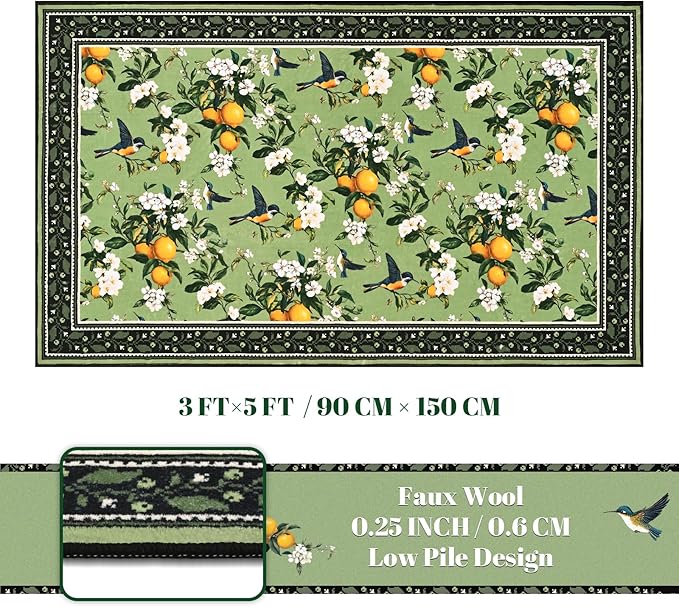 ASPMIZ Sage Green Area Rug, Vintage Floral 3x5 Rug Washable Non Slip, Lemon Hummingbird Rugs for Living Room, Foldable Low Pile Soft Throw Rug Carpet for Bedroom Kitchen Dining Room Nursery Office