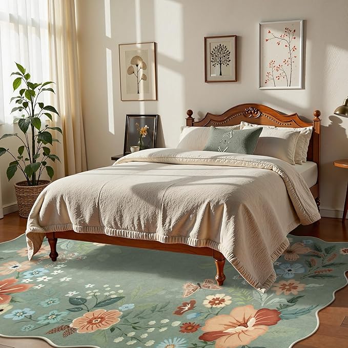 Beeiva 8x10 Floral Washable Area Rugs for Bedroom Under Bed, Ultra Thin Non-Slip Green Rug for Living Room, Soft Large Carpet for Playroom, Office, Dining Room - Green(8x10ft)
