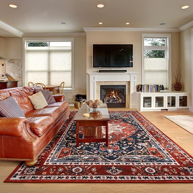 YJ.GWL Large Area Rug for Living Room, 5x8 Machine Washable Boho Rug for Bedroom, Low Pile Lightweight Thin Rugs Floral Vintage Distress Print Pattern Carpet for Dining Room, Red