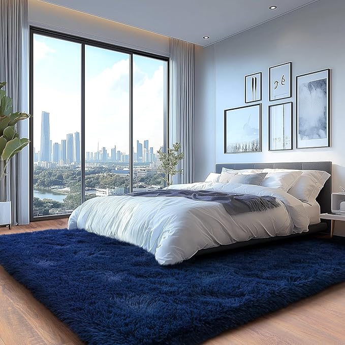 Shag Area Rugs for Living Room, Soft Fuzzy Plush Rugs, Upgrade Anti-Skid Modern Furry Rugs Fluffy Carpets for Kids Room Nursery Home Decor Dark Blue, 5X7 Feet