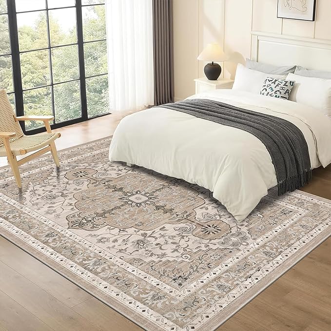 U'Artlines Boho Vintage Area Rug 5x7 Machine Washable Low Pile Soft Floor Carpet Non Slip Non Shedding Accent Rug for Living Room Bedroom Entryway Dining Room Office Beige＆Brown