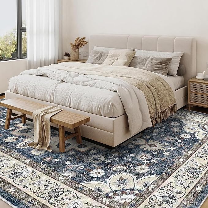 Washable Living Room Area Rug - 9 x 12 Stain Resistant Medallion Soft Bedroom Rugs Distressed Design Non Shedding Carpet for Indoor Outdoor Floor Coverings (9x12 Blue)