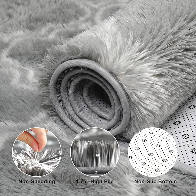 4x5.8 Plush Area Rug, High Pile Rugs for Living Room, Ultra Soft Indoor Carpet for Bedroom, Kids Room, Playroom, Home Decor, Geometric, Light Grey/White