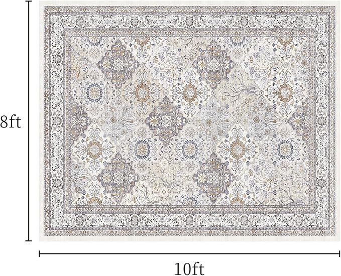 8x10 Rug, Washable Neutral Boho Modern Vintage Non Slip Floral Area Rugs, Low Pile Soft Rugs, Area Rugs, Slip Resistance Carpet, Pet-Friendly Carpet, Durable Rug for Living Room, Bedroom