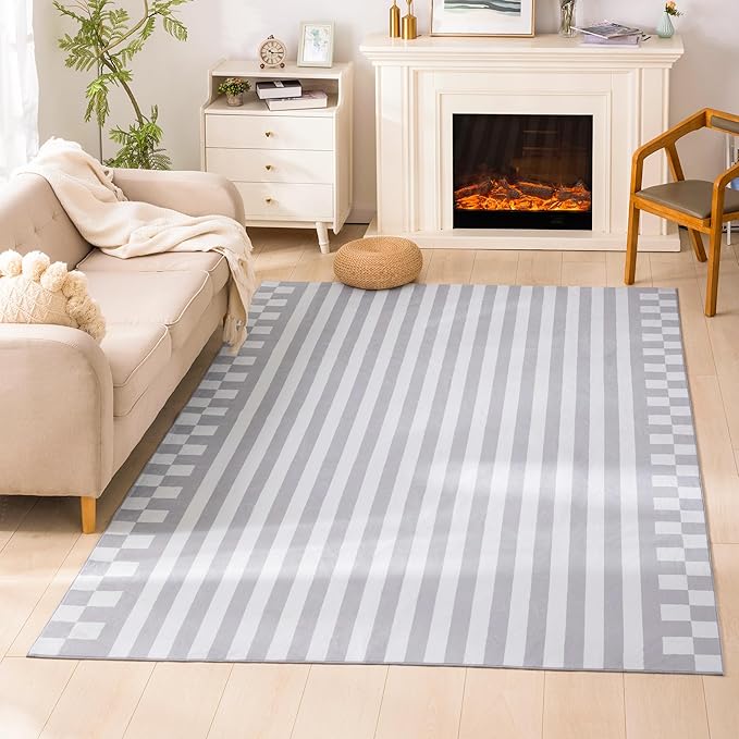 Carvapet Gray Rugs for Living Room Bedroom, Striped Low Pile Modern Large Carpet with Rubber Backing, Foldable, Non Slip Machine Washable (9 x 6 Feet Rectangular, Grey Area Rug)