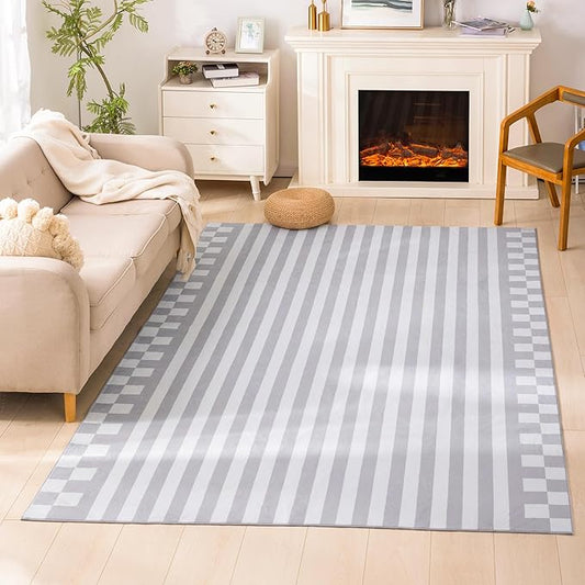 Carvapet Gray Rugs for Living Room Bedroom, Striped Low Pile Modern Large Carpet with Rubber Backing, Foldable, Non Slip Machine Washable (9 x 6 Feet Rectangular, Grey Area Rug)