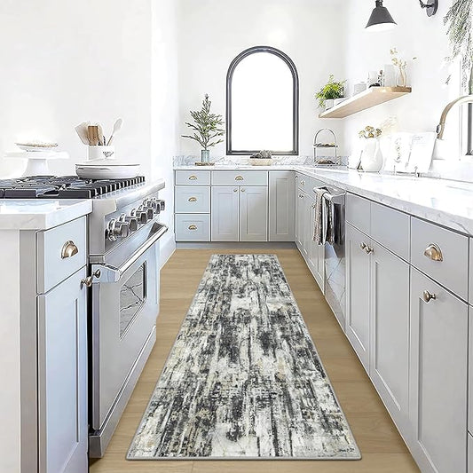2'6''x8' Runner Rugs Washable Rug: Modern Abstract Hallway Runner Rug Indoor Soft Low Pile Thin Carpet Anti-Skid Non-Shedding Carpets for Kitchen, Entryway, Laundry, Bedroom - Black Grey Gold