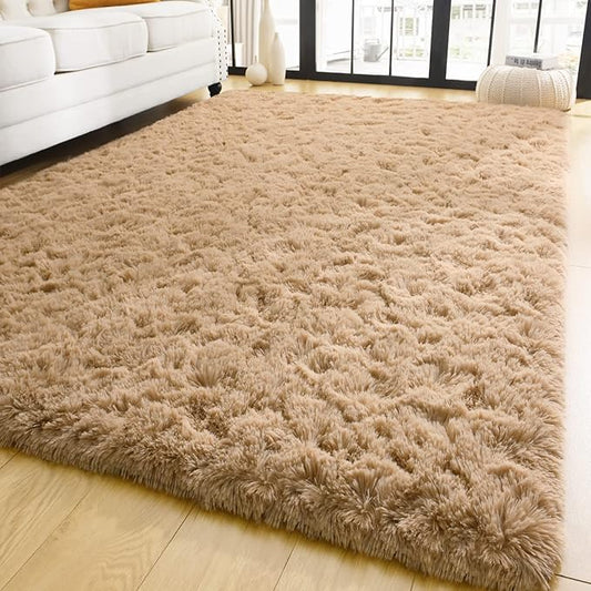 YJ.GWL Area Rugs for Living Room Bedroom, 4x6 Machine Washable Large Beige Carpet, Soft Fluffy Shaggy Thick Big Shag Indoor Floor Rug for Kids Boy and Girls Room Dorm Home Decor Aesthetic