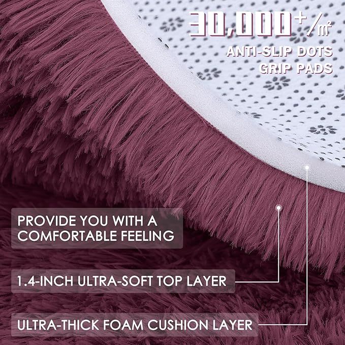OLANLY Burgundy Round Rugs for Bedroom - Machine Washable, 4x4 Feet Circle Area Rugs for Living Room, Soft and Fluffy Shaggy Carpet for Teen Girls and Boys, Dorms, Nursery Rooms, Home Decor Aesthetic