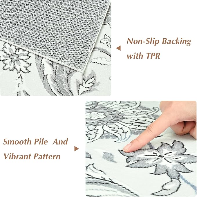 Area Rugs for Living Room, 4x6 Washable Rugs for Bedroom, Non-Slip Floral Carpet for Entryway Office Kitchen Dining Room, Grey and White