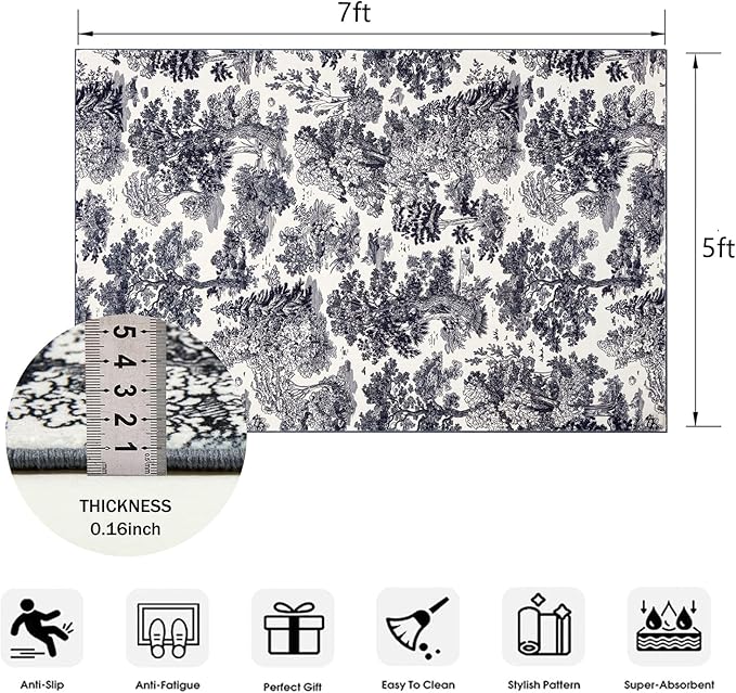 Vintage Forest Rug Washable, Black White Aesthetic Nature Woodland Living Room Rug, Country Rustic Neutral Cool Plants Botanical 5x7 Area Rugs Accent Carpet for Kitchen Dining Room Entryway