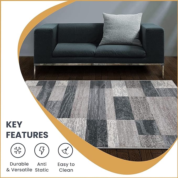 SUPERIOR Indoor Runner Rug, Jute Backed, Modern Geometric Patchwork Floor Decor for Bedroom, Office, Living Room, Entryway, Hardwood Floors, Rockwood Collection, 2' 7" x 10', Blue-Taupe