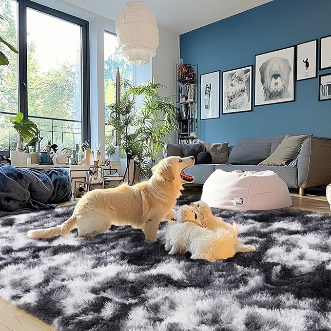 Fluffy Rug for Living Room Shaggy Soft Area Rug High Pile Fuzzy Rug Non-Slip Indoor Floor Carpet Plush Area Rugs for Living Room Tie Dye Black White 6x9