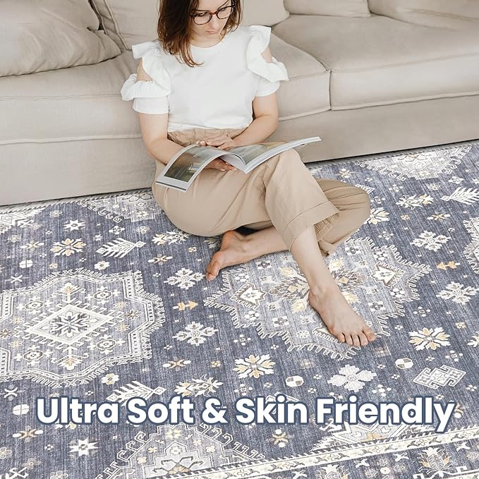 Washable Area Rugs for Living Room - 7x9 Neutral Vintage Distressed Floral Farmhouse Boho Large Soft Floor Rug Indoor Non Slip Carpet for Living Room Bedroom Dining Room Office - Denim Blue/Grey