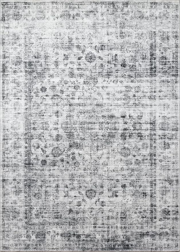 METSAVAIM 4x6 Rug – Traditional Area Rug for Bedroom | Machine Washable Rug for Outdoor & Indoor Use – Vintage Floral Rug for Living Room, Dining Room and Office | Grey