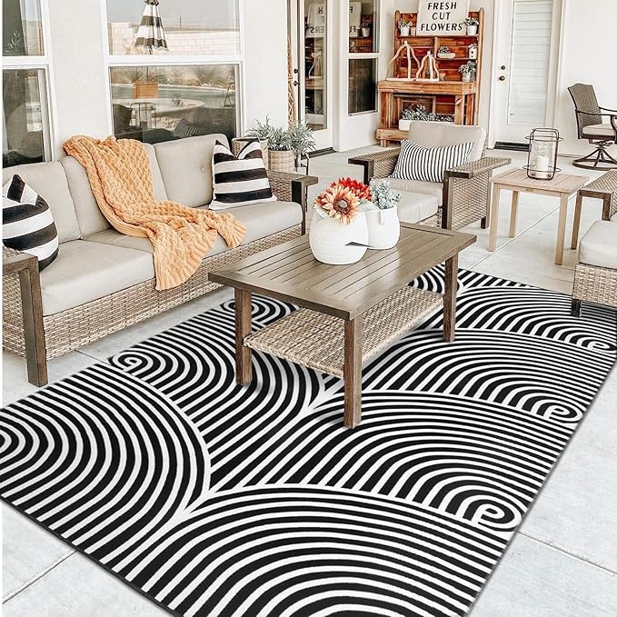 Tiffasea Washable Area Rug 5'x8', Cotton Hand Woven Indoor Outdoor Rugs Black and White Outdoor Patio Rug Accent Large Area Rugs for Living Room/Bedroom/Porch/Dining Room/Office
