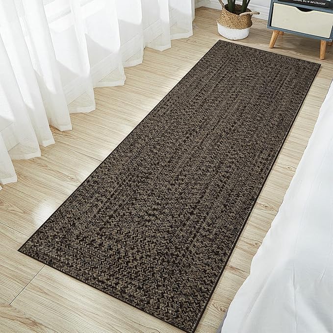 Printed Washable Runner Rug 2x8 Runners for Hallways Braided Pattern Non Slip Bath Mat Modern Soft Bedroom Rug Farmhouse Kitchen Rugs Entryway Rugs Stain Resistant Carpet 2'x8' Black/Brown