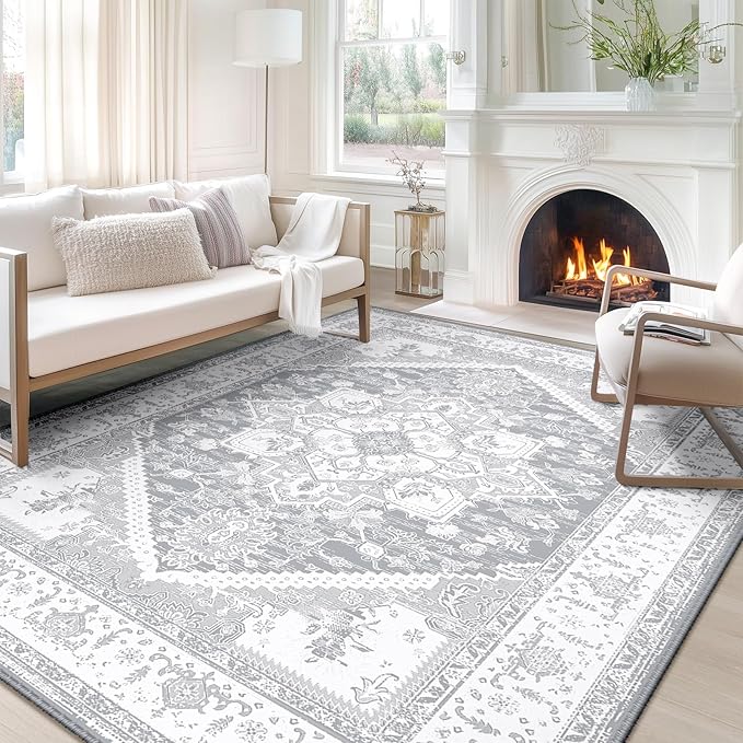 BESTSWEETIE 5x7 Area Rugs for Living Room Washable Non Slip Carpet Low Pile Soft Vintage Print Pattern Rug for Bedroom Dining Room Kitchen Entryway Indoor-Light Grey