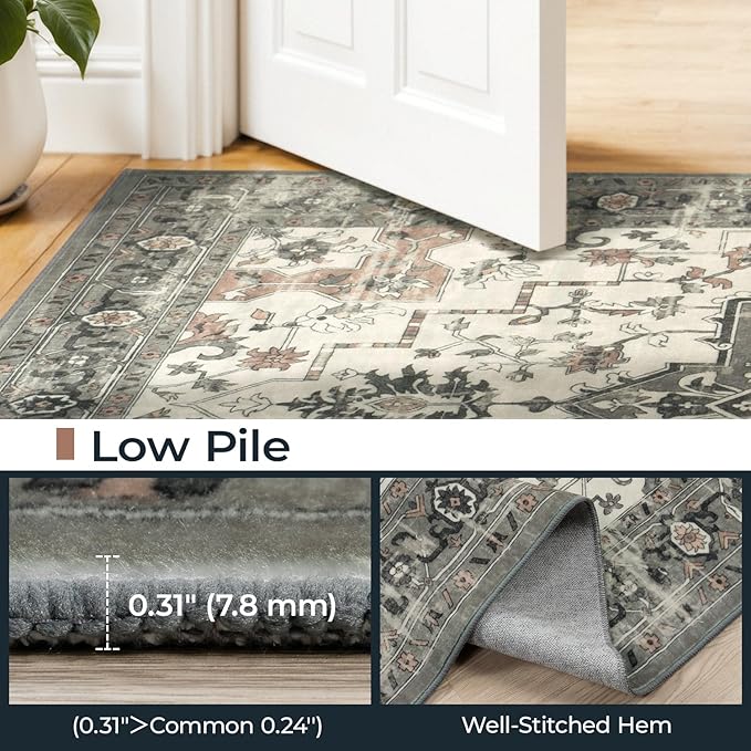 2x6 Runner Rug, Non-Slip Washable for Kitchen Hallway, Soft Low-Pile Area Rugs, Vintage Traditional Floral Aesthetic Carpet, Stain-Resistant Durable, Non Shedding Bedroom Bathroom Decor, Taupe