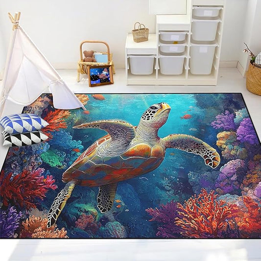 Sea Turtles Rug - Sea Turtle for Kids Boys Coastal Rugs for Bedroom Coral Ocean Life Theme Decor Ocean Carpet Rug, 4x5 Feet