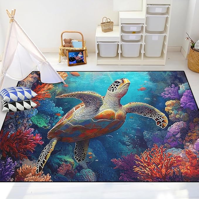 Sea Turtles Rug for Kids - Sea Turtle Area Rug for Room Coral Ocean Life Turtles Carpet, 2.5x4 Feet