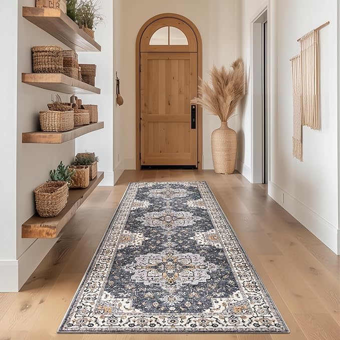 jinchan Runner Rug 3x8 Vintage Hallway Runner Boho Washable Rug Floral Medallion Retro Non Slip Classic Thin Soft Carpet for Kitchen Bedroom Bathroom Laundry Room Doorway Grey