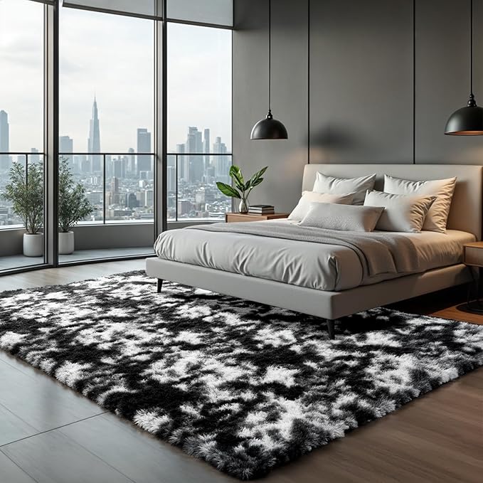 Zentavio Black and White Area Rugs for Living Room Large Rugs for Bedroom 6x9 Soft Carpet Fluffy Furry Shag Aesthetic Plush High Pile Gray Throw Rug for Nursery Kids Room Dorm Tie-Dyed