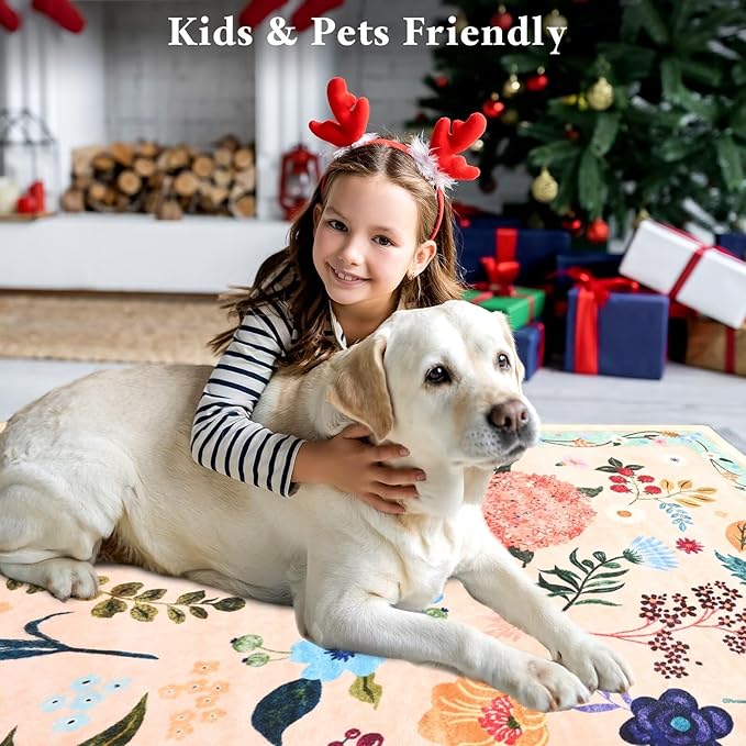 4x6 Floral Rug for Girls Bedroom, Machine Washable Area Rugs with Non Slip Backingfor Living Room, Cute Flowers Carpet Kitchen Dining Room Kids Playroom Decor, Peach White