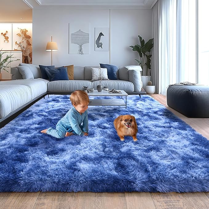 Plush Rugs for Living Room, Soft Shaggy Carpets for Living Room, Upgrade Anti-Skid Fuzzy Rugs for Kids' Room, Perfect Decor for Modern Home Tie Dye Blue 5x7 Feet