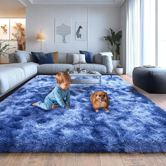 Plush Rugs for Living Room, Soft Shaggy Carpets for Living Room, Upgrade Anti-Skid Fuzzy Rugs for Kids' Room, Perfect Decor for Modern Home Tie Dye Blue 5x7 Feet