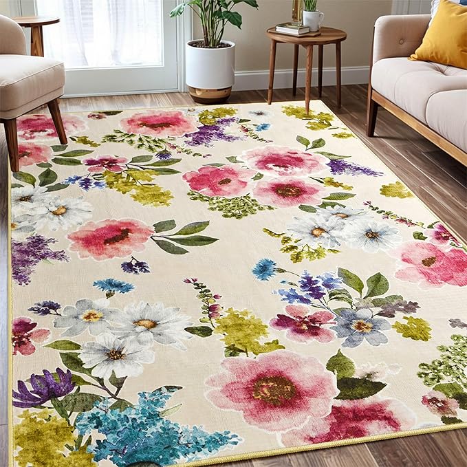 5x7 Floral Area Rugs for Living Room, Machine Washable Boho Vintage Flower Large Rugs for Bedroom, Farmhouse Dining Room Kids Room Non-Slip Soft Low Pile Accent Carpet for Girls Room, Beige
