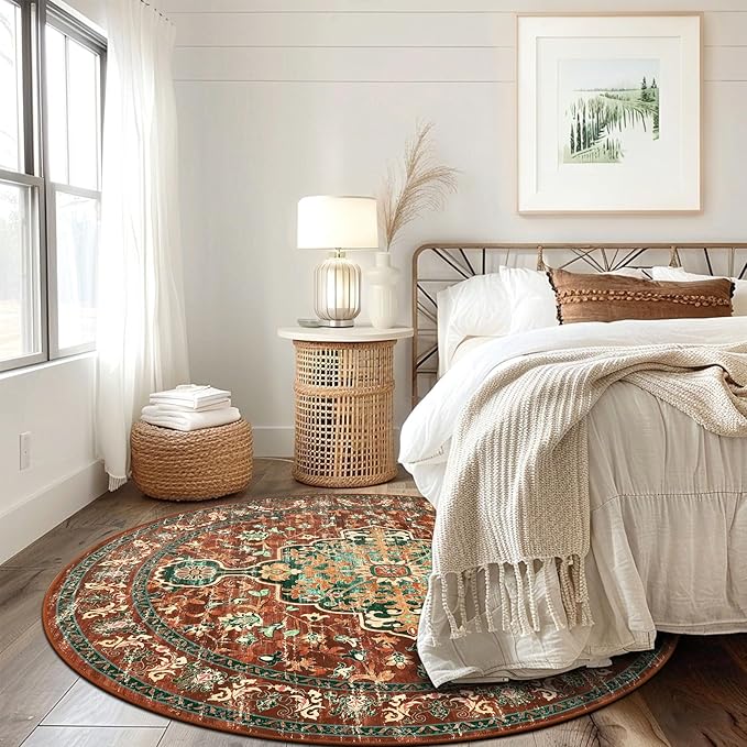 U'Artlines Boho Vintage Area Rug 4ft Machine Washable Low Pile Soft Floor Carpet Non Slip Non Shedding Accent Rug for Living Room Bedroom Entryway Dining Room Office Rust＆Teal