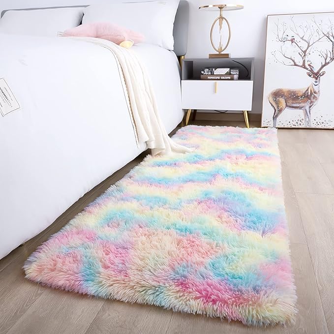 Noahas Fluffy Rainbow Rugs for Bedroom Girls,2x6 Shag Pink Kids Room Rug,Shaggy Area Rugs for Living Room,Soft Fuzzy Colorful Playroom Nursery Dorm Carpets Room Decor