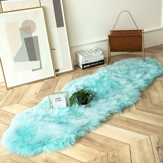 Ashler faux fur rug, Fluffy Shaggy Area Rug Ultra Soft 2 x 6 Feet Sheepskin Fur Rug, Turquoise Fuzzy Rug Machine Washable Shag Rug, Nursery Decor Throw Rugs for Bedroom, kids room, Living Room